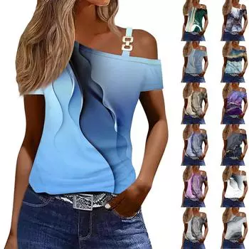 Женская модная повседневная сексуальная футболка с открытыми плечами и короткими рукавами с принтом, топ L чёрный