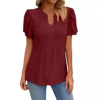 Женская модная повседневная сексуальная однотонная свободная футболка с v-образным вырезом и короткими рукавами S винный