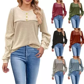 Женская модная повседневная шерстяная полосатая футболка с длинным рукавом и пуговицами, повседневный трикотажный топ L армия зеленый