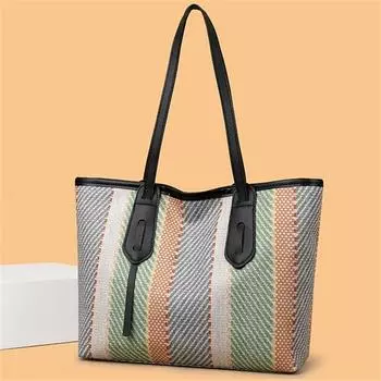 Женская модная повседневная сумка-тоут из хлопка и льна в полоску, сумка-тоут большой емкости для поездок на работу через плечо белый