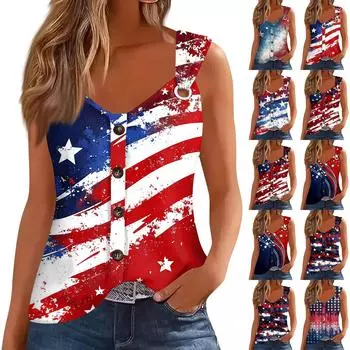 Женская модная повседневная свободная безрукавка с V-образным вырезом на пуговицах и принтом «День независимости» XXL красный