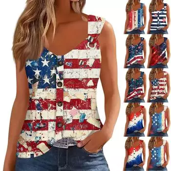 Женская модная повседневная свободная безрукавка с V-образным вырезом на пуговицах и принтом «День независимости» M