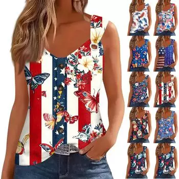 Женская модная повседневная свободная безрукавка с V-образным вырезом на пуговицах и принтом «День независимости» XL чёрный