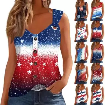 Женская модная повседневная свободная безрукавка с V-образным вырезом на пуговицах и принтом «День независимости» S бежевый