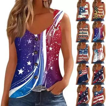 Женская модная повседневная свободная безрукавка с V-образным вырезом на пуговицах и принтом «День независимости» XL