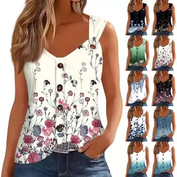 Женская модная повседневная свободная безрукавка с застежкой на пуговицы и V-образным вырезом с принтом XL