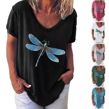 Женская модная повседневная свободная футболка с коротким рукавом с v-образным вырезом и принтом, топ XXL синий