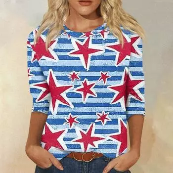Женская модная повседневная свободная футболка с круглым вырезом и рукавами 3/4 с принтом, женский топ L синий