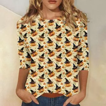 Женская модная повседневная свободная футболка с круглым вырезом и рукавами 3/4 с принтом, женский топ XXXL