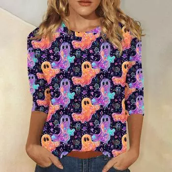 Женская модная повседневная свободная футболка с круглым вырезом и рукавами 3/4 с принтом, женский топ XXL фиолетовый