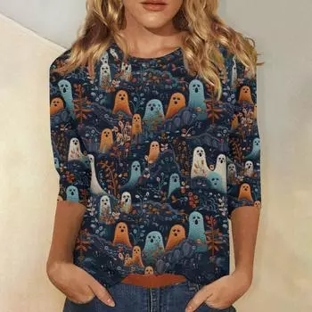 Женская модная повседневная свободная футболка с круглым вырезом и рукавами 3/4 с принтом, женский топ L чёрный