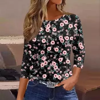 Женская модная повседневная свободная футболка с круглым вырезом и рукавами 3/4 с принтом, женский топ L чёрный