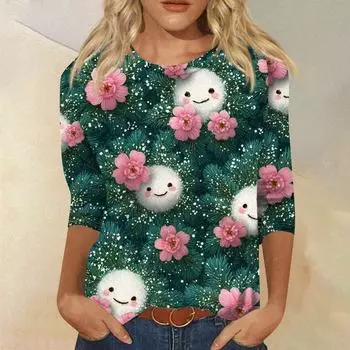 Женская модная повседневная свободная футболка с круглым вырезом и рукавами 3/4 с принтом, женский топ L темно-зеленого