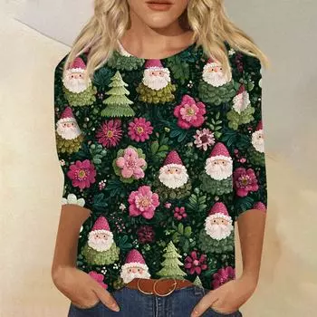 Женская модная повседневная свободная футболка с круглым вырезом и рукавами 3/4 с принтом, женский топ L армия зеленый