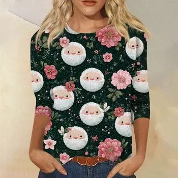 Женская модная повседневная свободная футболка с круглым вырезом и рукавами 3/4 с принтом, женский топ L темно-зеленого