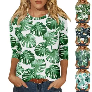 Женская модная повседневная свободная футболка с круглым вырезом и рукавами 3/4 с принтом, женский топ L тёмно-синий