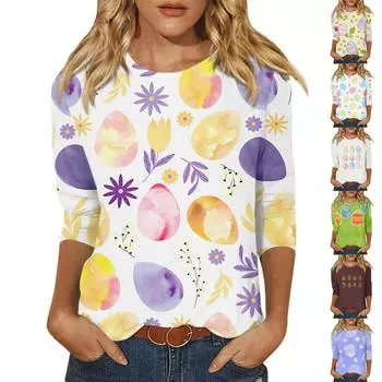 Женская модная повседневная свободная футболка с круглым вырезом и рукавами 3/4 с принтом, женский топ L синий