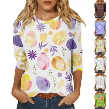 Женская модная повседневная свободная футболка с круглым вырезом и рукавами 3/4 с принтом, женский топ L синий