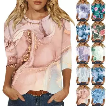 Женская модная повседневная свободная футболка с круглым вырезом и рукавами 3/4 с принтом, женский топ L