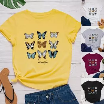 Женская модная повседневная свободная футболка с круглым вырезом и принтом бабочки L жёлтый