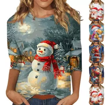 Женская модная повседневная свободная футболка с круглым вырезом и рукавами 3/4 с принтом, женский топ XXL