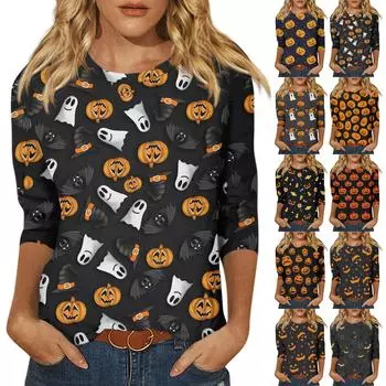 Женская модная повседневная свободная футболка с круглым вырезом и рукавами 3/4 на Хэллоуин, женский топ XXL белый