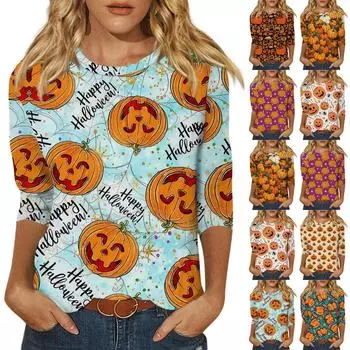 Женская модная повседневная свободная футболка с круглым вырезом и рукавами 3/4 на Хэллоуин, женский топ XXXL