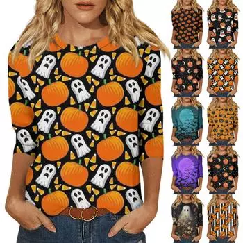 Женская модная повседневная свободная футболка с круглым вырезом и рукавами 3/4 на Хэллоуин, женский топ S белый