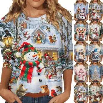 Женская модная повседневная свободная футболка с круглым вырезом и рукавами 3/4 с принтом, женский топ XXL