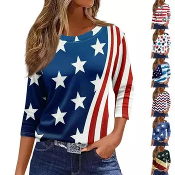 Женская модная повседневная свободная футболка с круглым вырезом и рукавами 3/4 с принтом, женский топ XXL красный