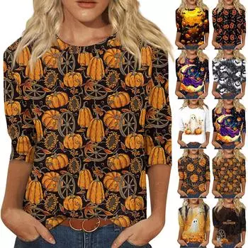 Женская модная повседневная свободная футболка с круглым вырезом и рукавами 3/4 с принтом, женский топ S золотой