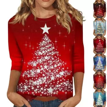 Женская модная повседневная свободная футболка с круглым вырезом и рукавами 3/4 с принтом, женский топ XXL киноварь