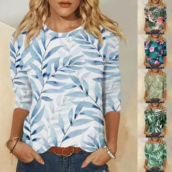 Женская модная повседневная свободная футболка с круглым вырезом и рукавами 3/4 с принтом, женский топ XL зелёный