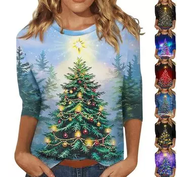 Женская модная повседневная свободная футболка с круглым вырезом и рукавами 3/4 с принтом, женский топ L чёрный