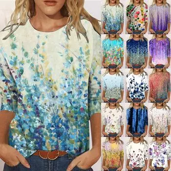 Женская модная повседневная свободная футболка с круглым вырезом и рукавами 3/4 с принтом, женский топ M циан