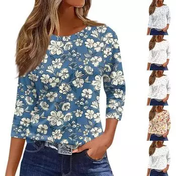 Женская модная повседневная свободная футболка с круглым вырезом и рукавами 3/4 с принтом, женский топ S белый