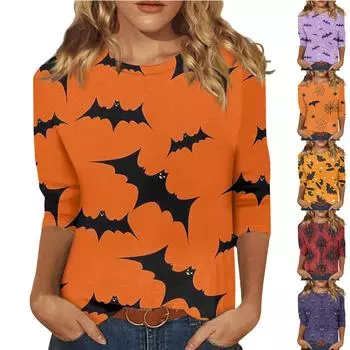 Женская модная повседневная свободная футболка с круглым вырезом и рукавами 3/4 на Хэллоуин, женский топ XXL имбирный