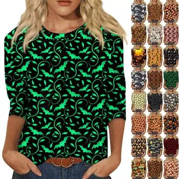 Женская модная повседневная свободная футболка с круглым вырезом и рукавами 3/4 с принтом, женский топ L чёрный