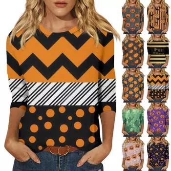 Женская модная повседневная свободная футболка с круглым вырезом и рукавами 3/4 на Хэллоуин, женский топ XXXL