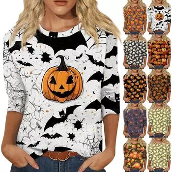 Женская модная повседневная свободная футболка с круглым вырезом и рукавами 3/4 с принтом, женский топ S оранжевый