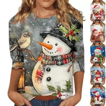 Женская модная повседневная свободная футболка с круглым вырезом и рукавами 3/4 с принтом, женский топ XXL красный