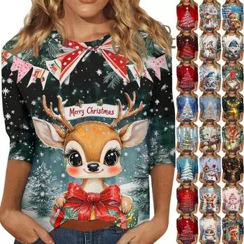 Женская модная повседневная свободная футболка с круглым вырезом и рукавами 3/4 с принтом, женский топ L чёрный