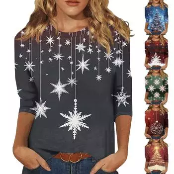 Женская модная повседневная свободная футболка с круглым вырезом и рукавами 3/4 с принтом, женский топ XXXL тёмно-синий