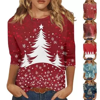 Женская модная повседневная свободная футболка с круглым вырезом и рукавами 3/4 с принтом, женский топ L винный