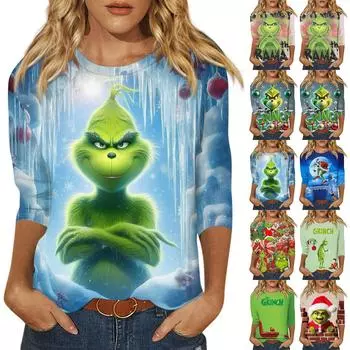 Женская модная повседневная свободная футболка с круглым вырезом и рукавами 3/4 с принтом, женский топ L красный