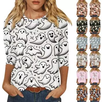 Женская модная повседневная свободная футболка с круглым вырезом и рукавами 3/4 на Хэллоуин, женский топ L