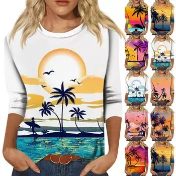 Женская модная повседневная свободная футболка с круглым вырезом и рукавами 3/4 с принтом, женский топ L