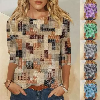 Женская модная повседневная свободная футболка с круглым вырезом и рукавами 3/4 с принтом, женский топ XL