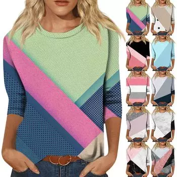 Женская модная повседневная свободная футболка с круглым вырезом и рукавами 3/4 с принтом, женский топ L чёрный