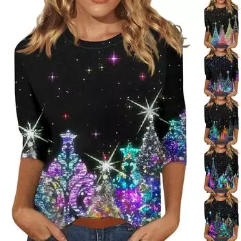 Женская модная повседневная свободная футболка с круглым вырезом и рукавами 3/4 с принтом, женский топ L чёрный